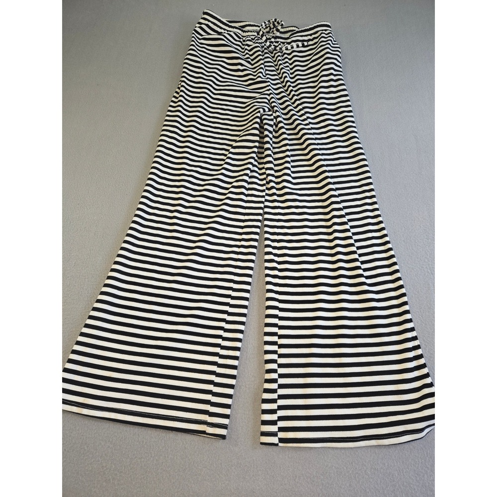 Unbranded Striped Wide Leg Pants Women Large Black White Ribbed Drawstring‎